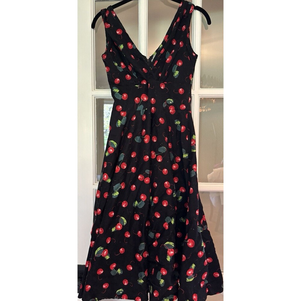 Pretty Retro Black Cherry Print Fit & Flare Midi Dress V-Neck Sleeveless Zip 10